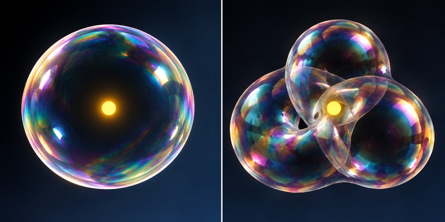 Genesis-Photon links im A-Zustand und rechts mit gefaltetem Ereignisraum im A-B-Zustand